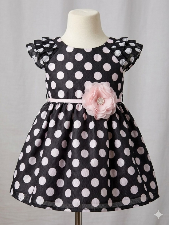 Laura Ashley Other - Laura Ashley Black Dress with Soft Pink Polka Dots and Flower, S 0-3m, EPreLC